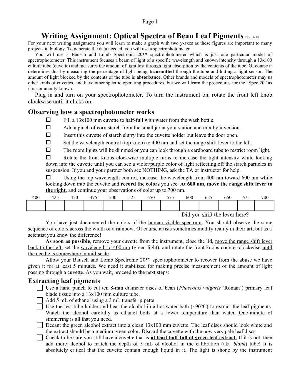 Writing Assignment: Optical Spectra of Bean Leaf Pigments Rev. 1/18