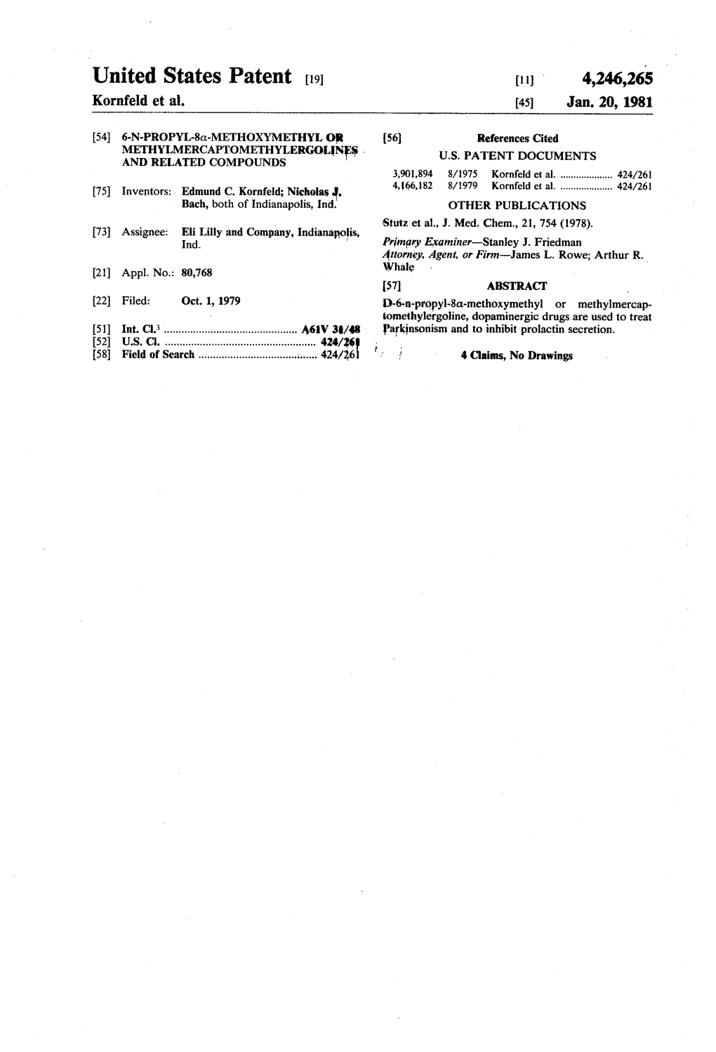 United States Patent (19) (Ii) 4,246,265 Kornfeld Et Al