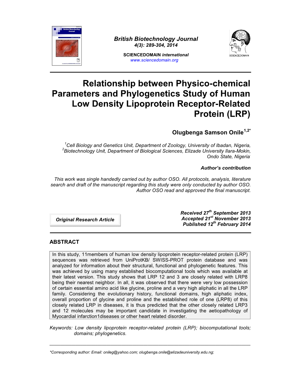 Relationship Between Physico-Chemical Parameters and Phylogenetics Study of Human Low Density Lipoprotein Receptor-Related Protein (LRP)