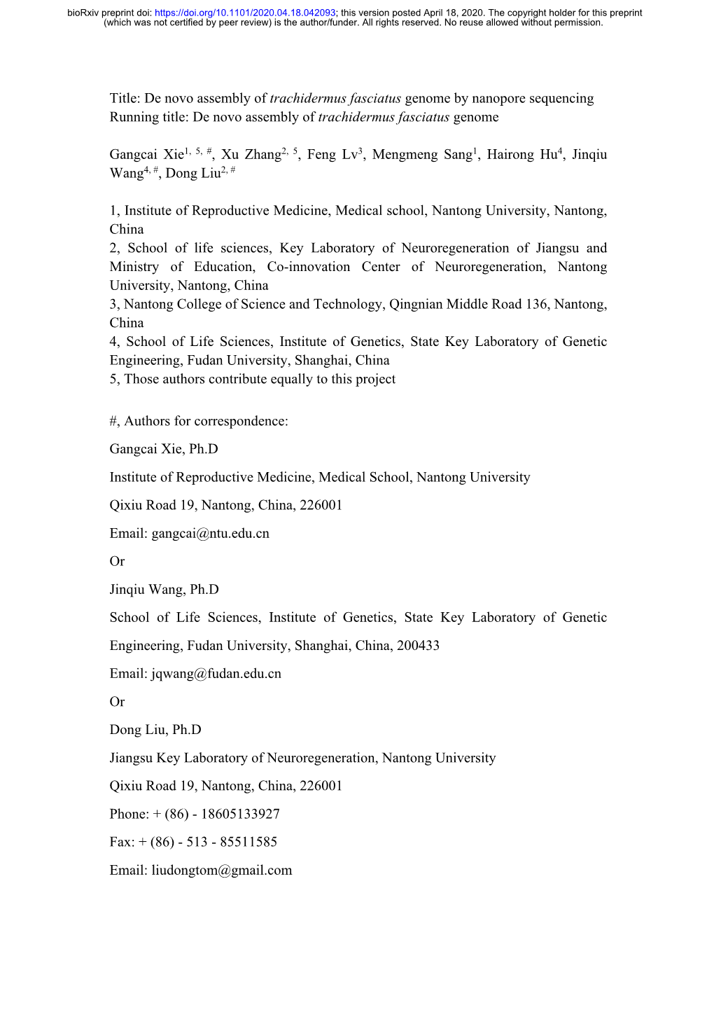 De Novo Assembly of Trachidermus Fasciatus Genome by Nanopore Sequencing Running Title: De Novo Assembly of Trachidermus Fasciatus Genome