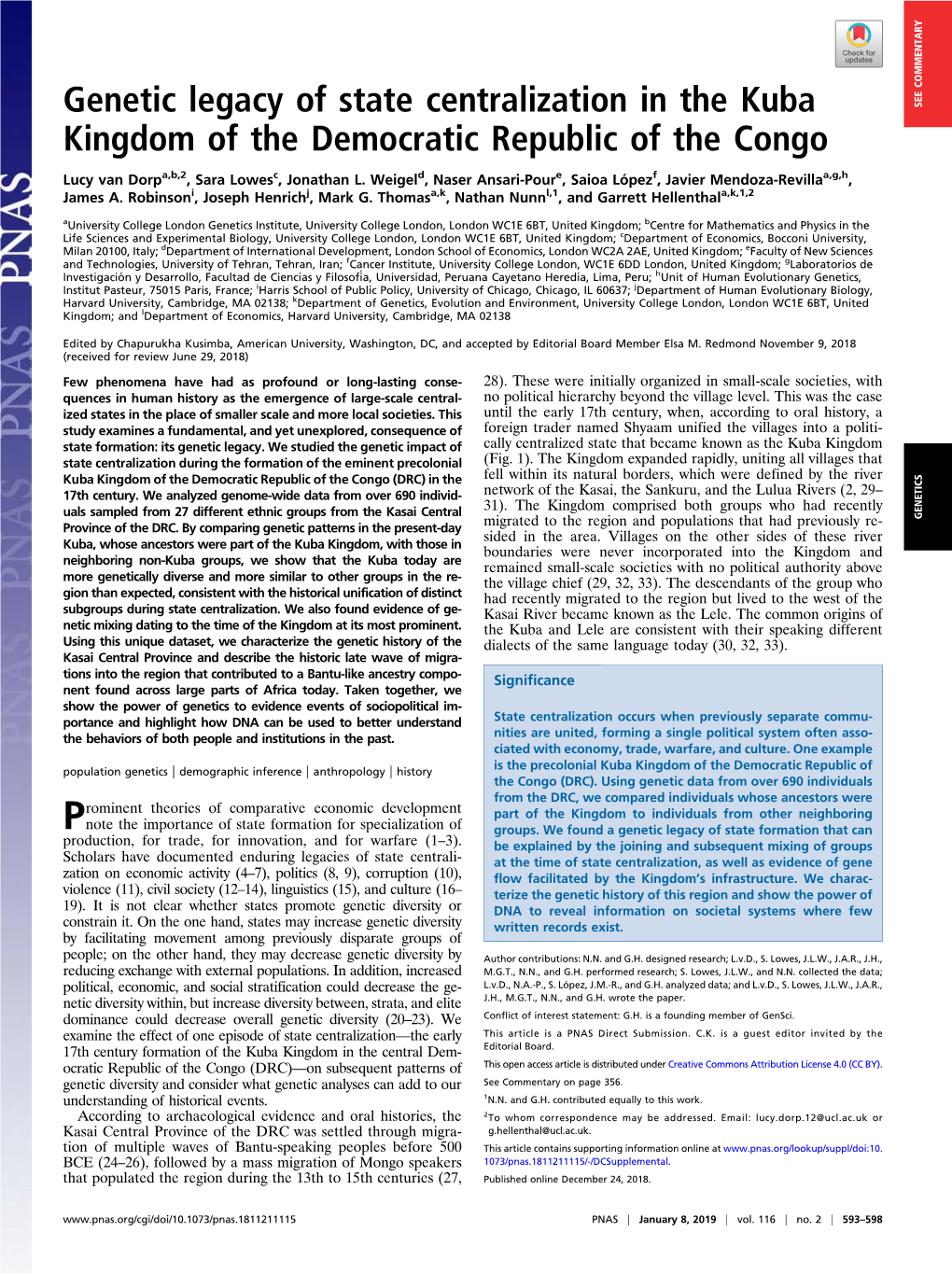 Genetic Legacy of State Centralization in the Kuba Kingdom of The