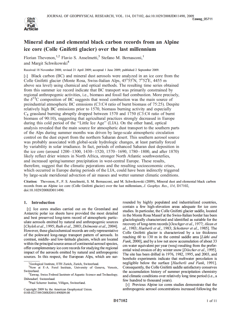 Mineral Dust and Elemental Black Carbon Records from an Alpine Ice Core (Colle Gnifetti Glacier) Over the Last Millennium 3 1 Florian Thevenon, I,2 Flavio S