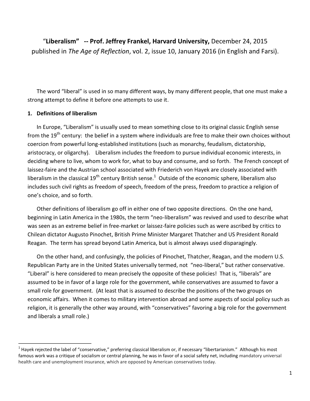 “Liberalism” -- Prof. Jeffrey Frankel, Harvard University, December 24, 2015 Published in the Age of Reflection, Vol. 2, Issue 10, January 2016 (In English and Farsi)