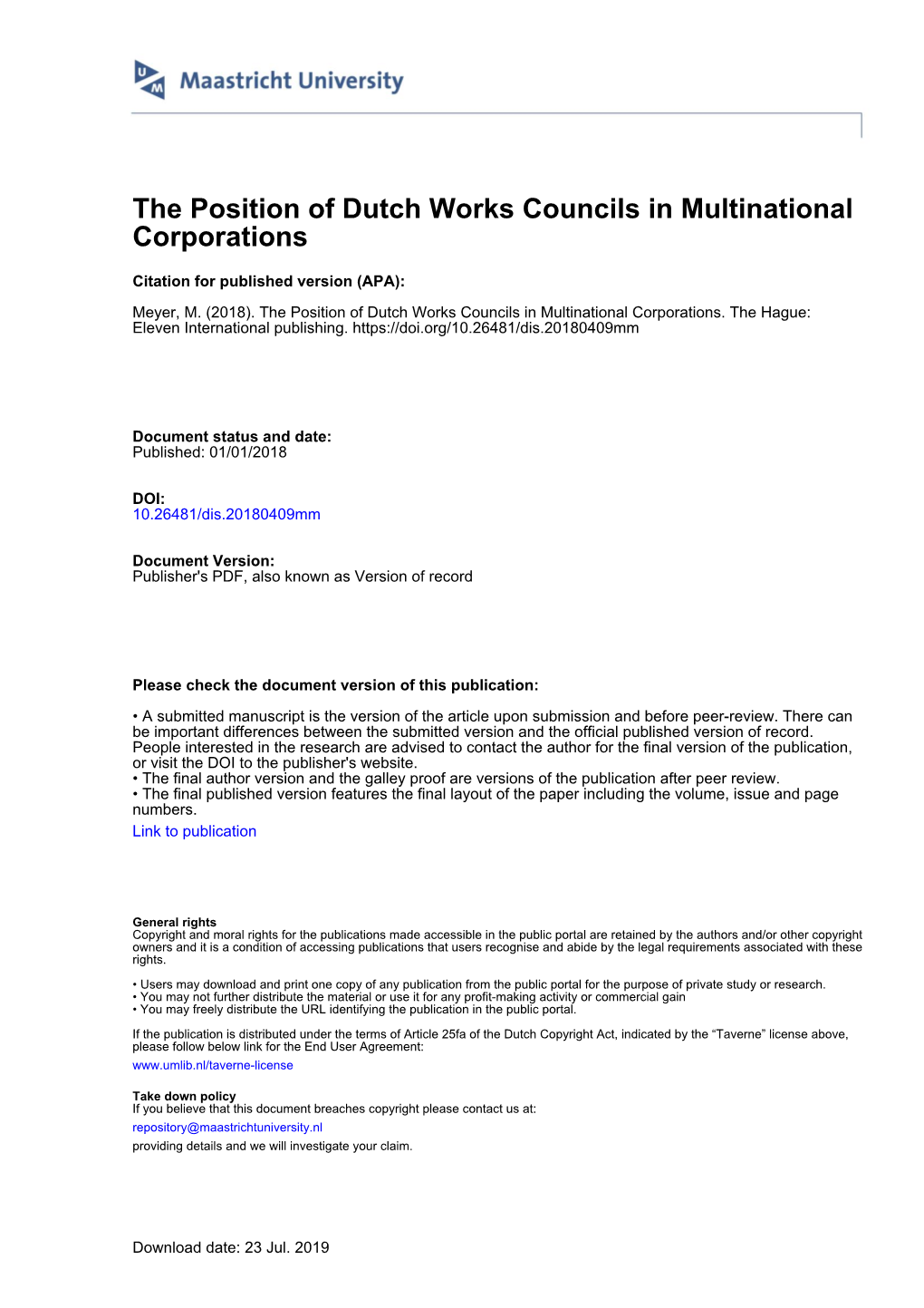 The Position of Dutch Works Councils in Multinational Corporations