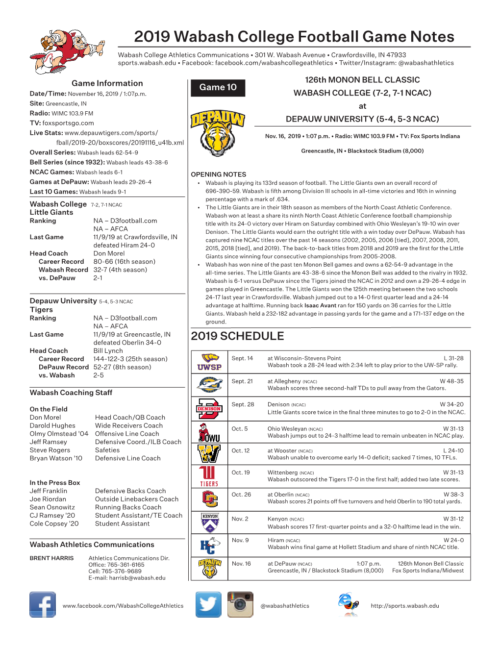 2019 Wabash College Football Game Notes