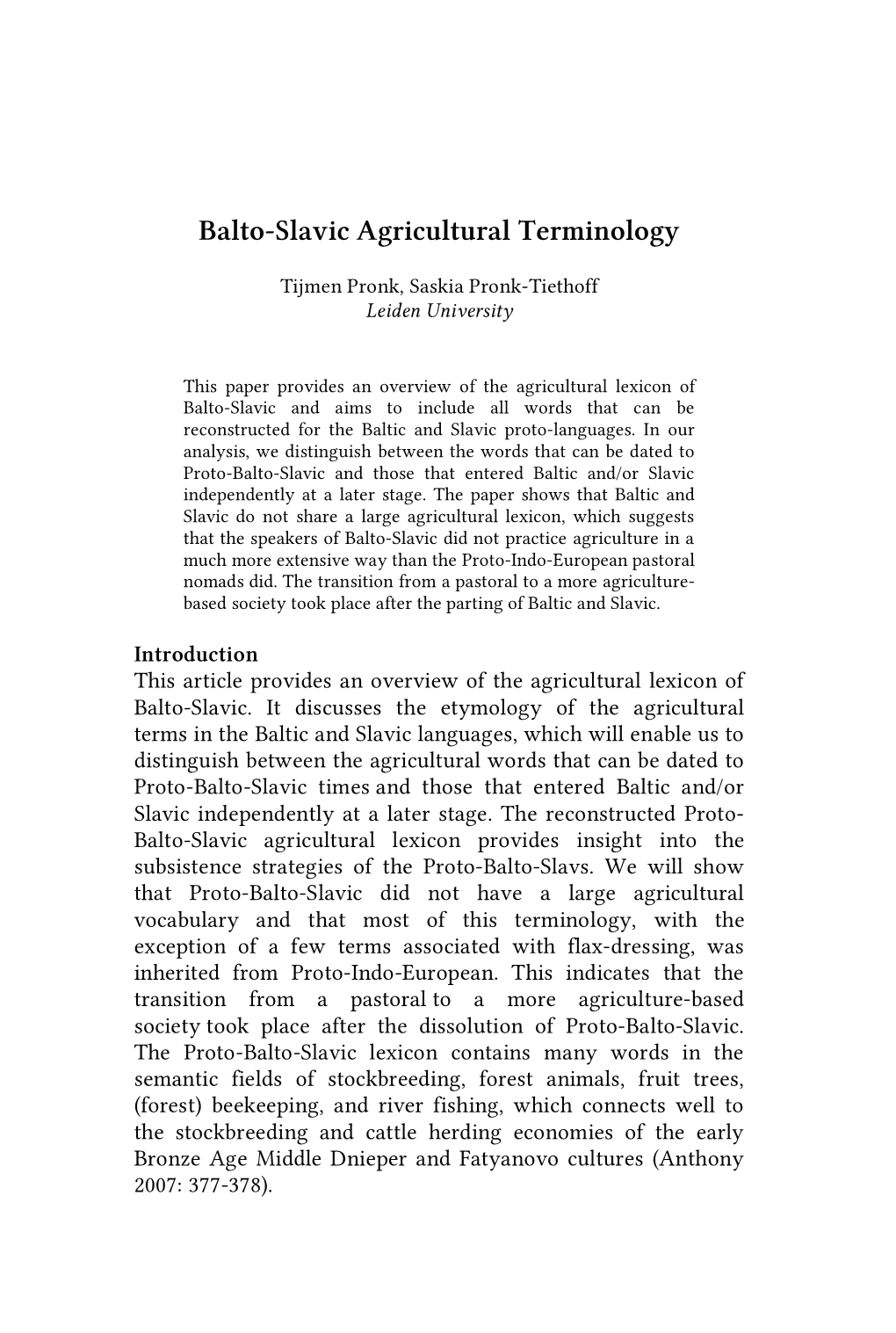 Balto-Slavic Agricultural Terminology