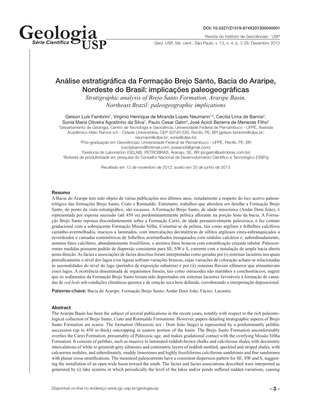 Análise Estratigráfica Da Formação Brejo Santo, Bacia Do Araripe, Nordeste Do Brasil