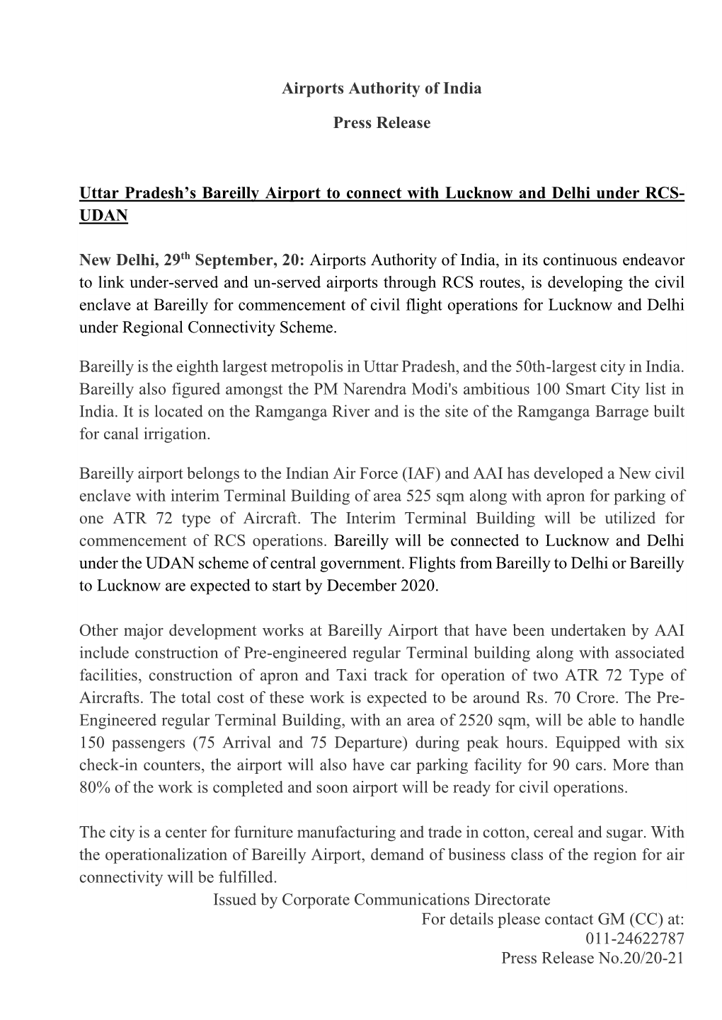 Airports Authority of India Press Release Uttar Pradesh's Bareilly