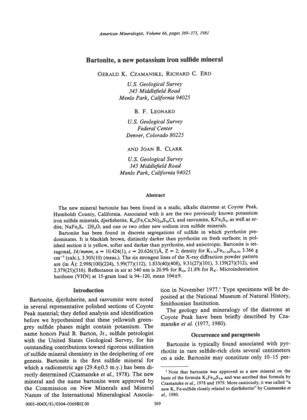 Bartonite, a New Potassium Iron Sulfide Mineral