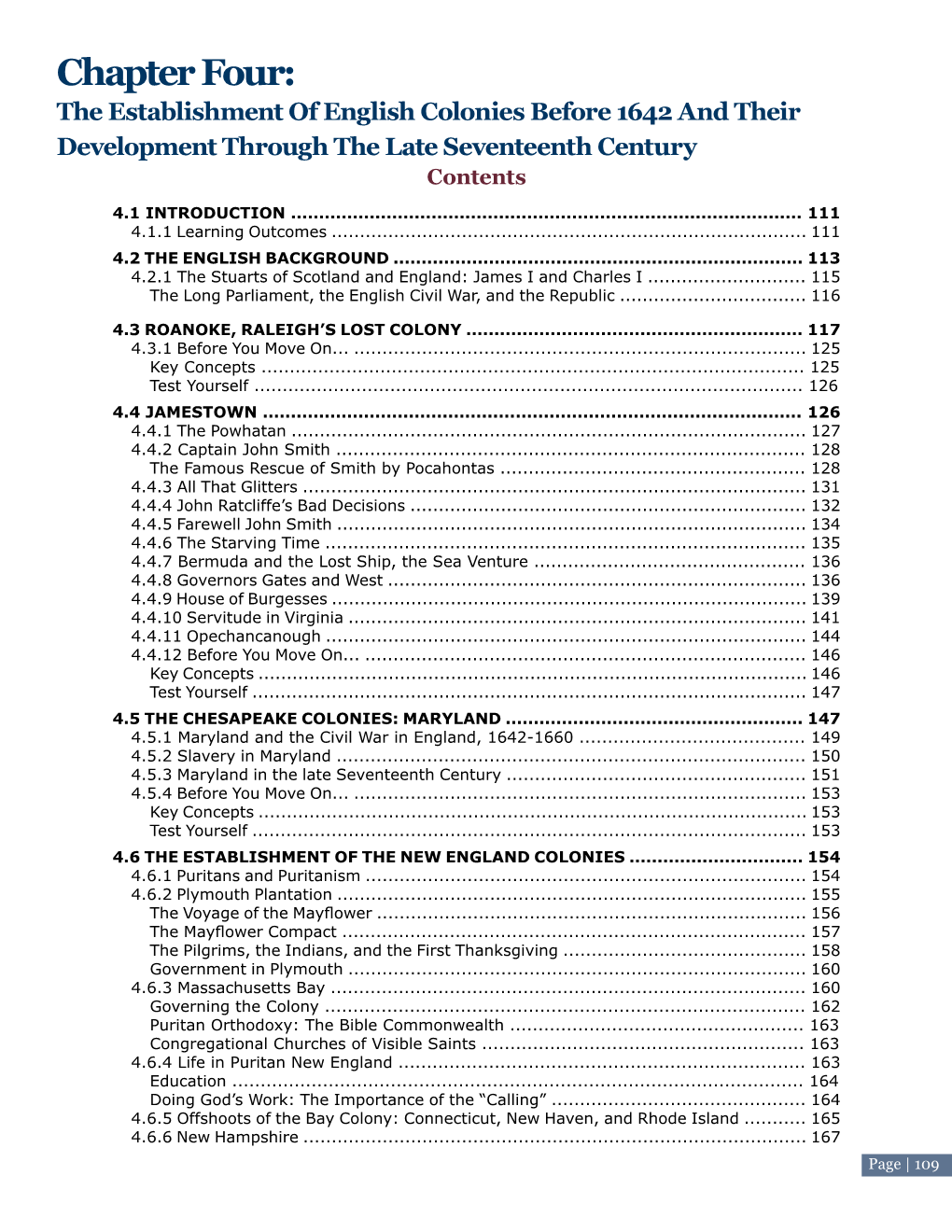 Chapter Four: the Establishment of English Colonies Before 1642 and Their Development Through the Late Seventeenth Century Contents