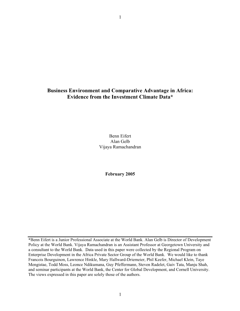 Business Environment and Comparative Advantage in Africa: Evidence from the Investment Climate Data*