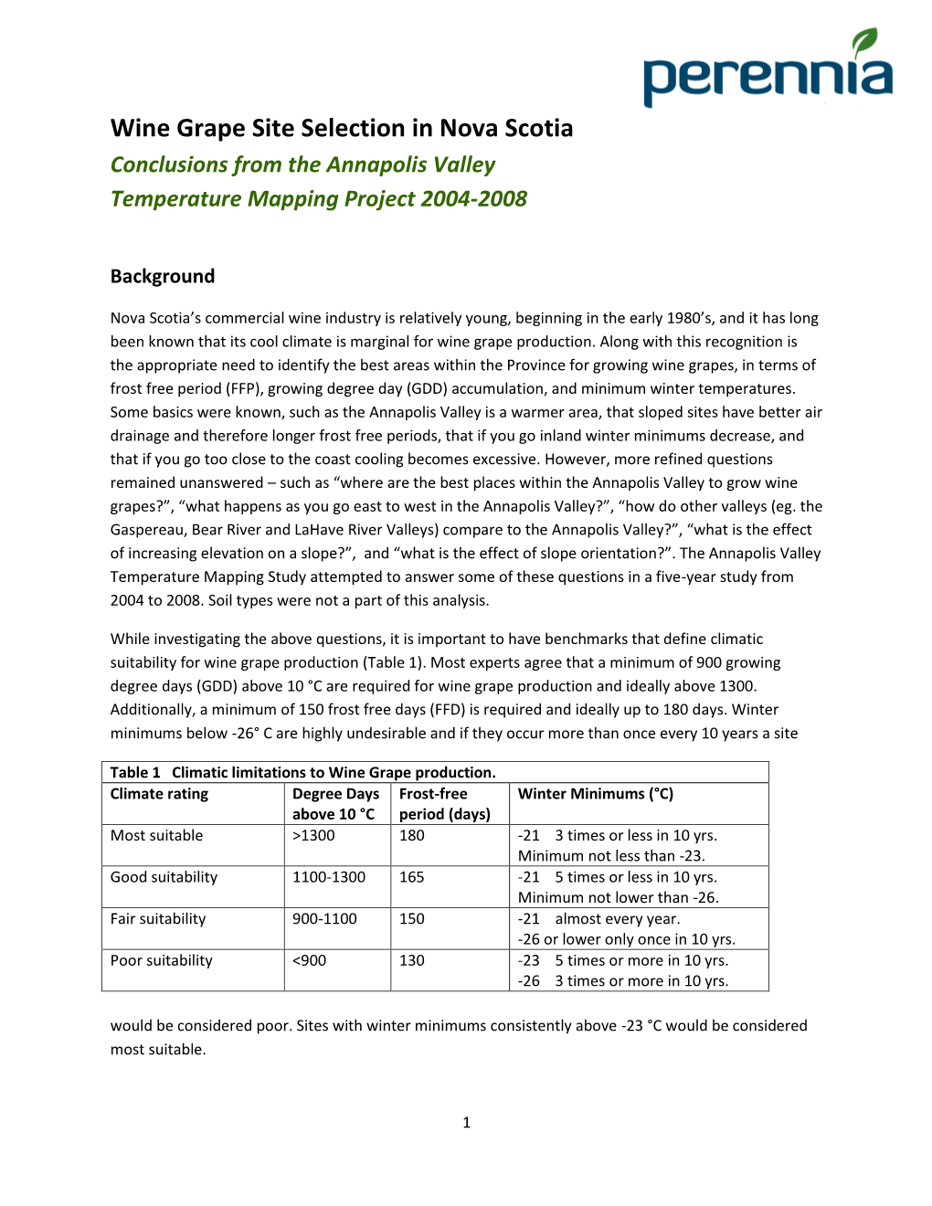 Wine Grape Site Selection in Nova Scotia Conclusions from the Annapolis Valley Temperature Mapping Project 2004-2008