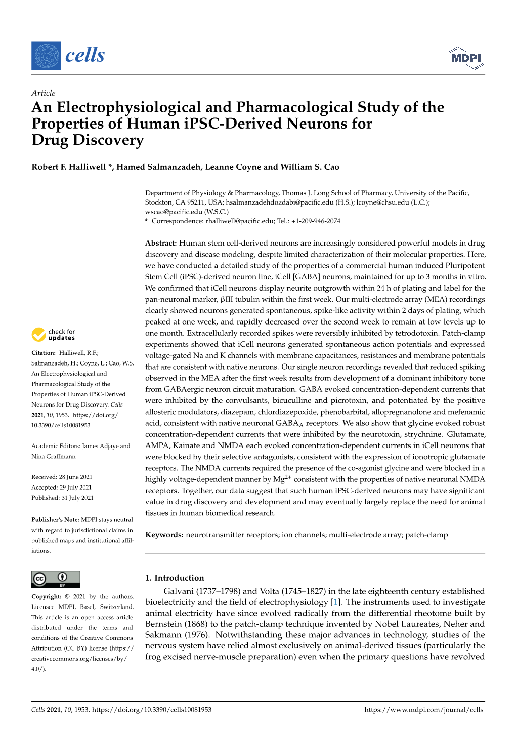 An Electrophysiological and Pharmacological Study of the Properties of Human Ipsc-Derived Neurons for Drug Discovery