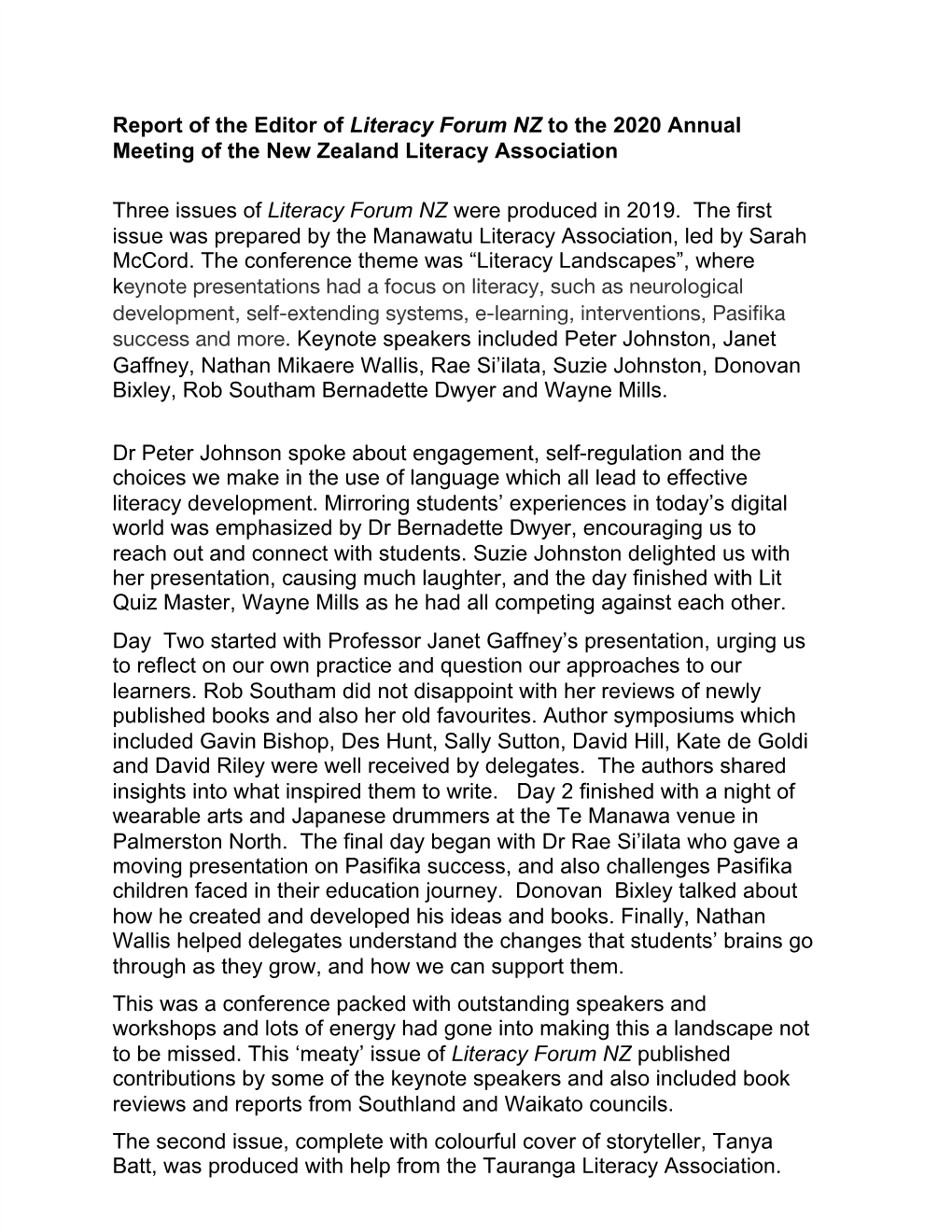 Report of the Editor of ​Literacy Forum NZ ​To the 2020 Annual