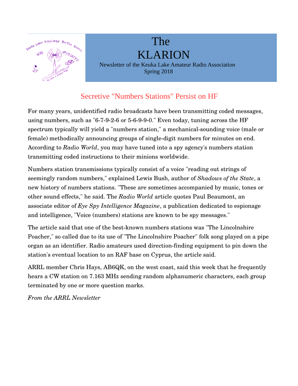 The KLARION Newsletter of the Keuka Lake Amateur Radio Association Spring 2018
