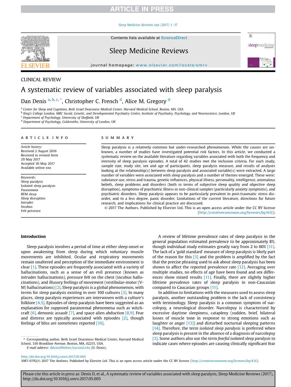 A Systematic Review of Variables Associated with Sleep Paralysis