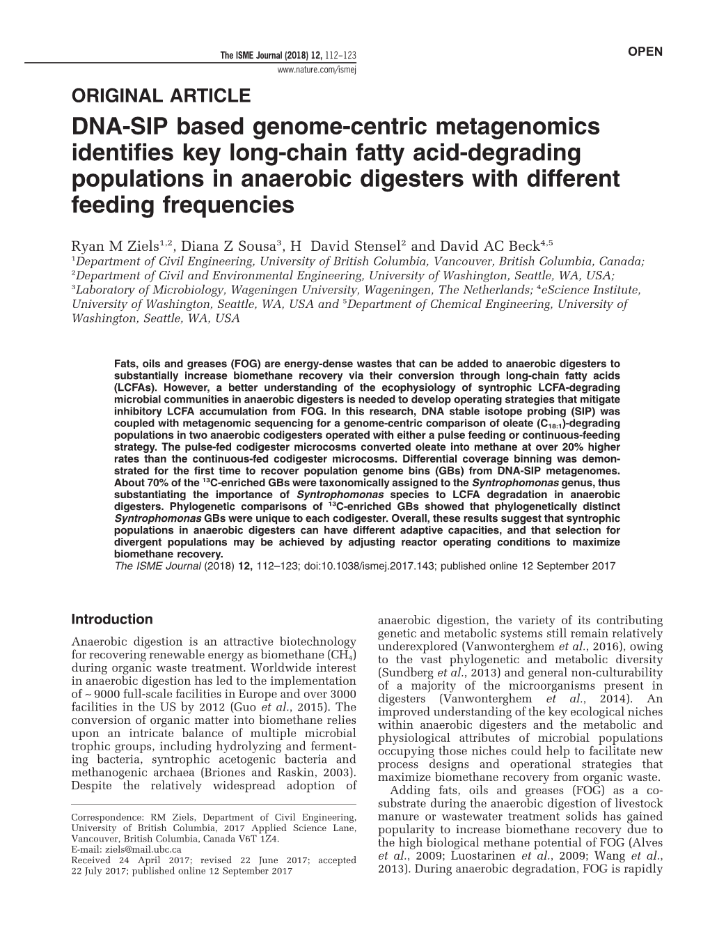 DNA-SIP Based Genome-Centric Metagenomics Identifies Key Long-Chain Fatty Acid-Degrading Populations in Anaerobic Digesters with Different Feeding Frequencies