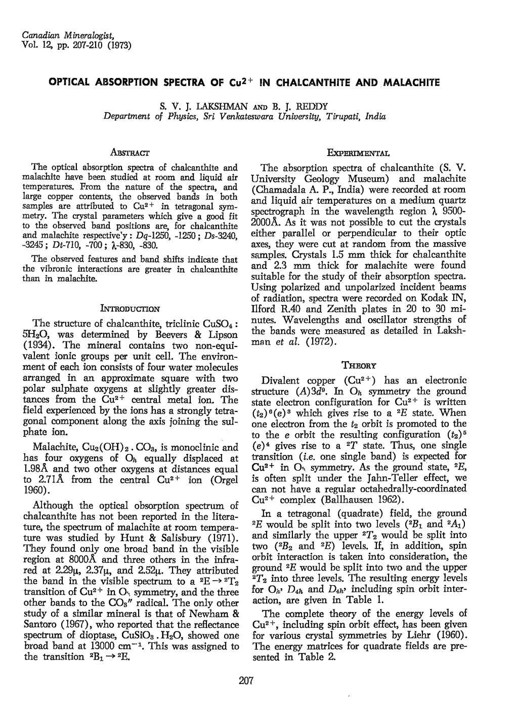 OPTICAI ABSORPTION SPECTRA of Cu2+ Ln Chalcahithite