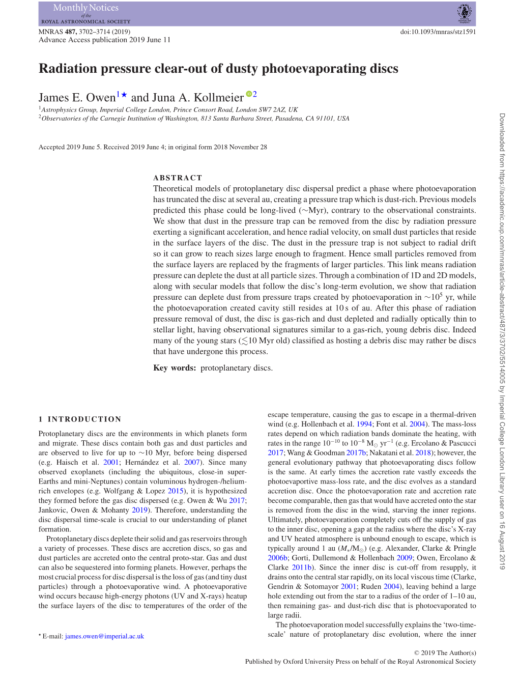 Radiation Pressure Clear-Out of Dusty Photoevaporating Discs