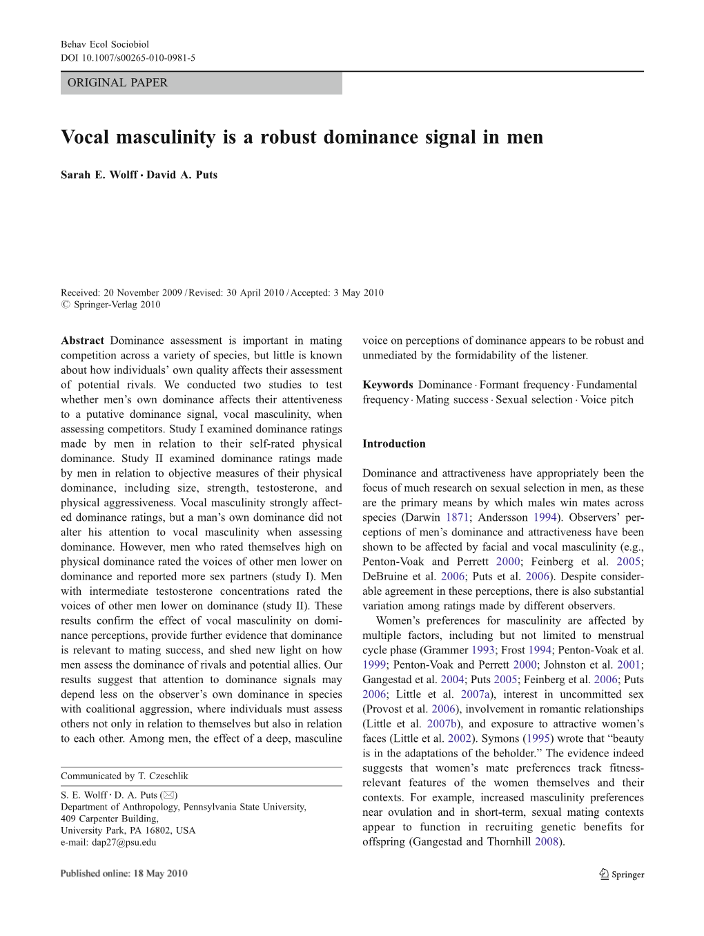 Vocal Masculinity Is a Robust Dominance Signal in Men