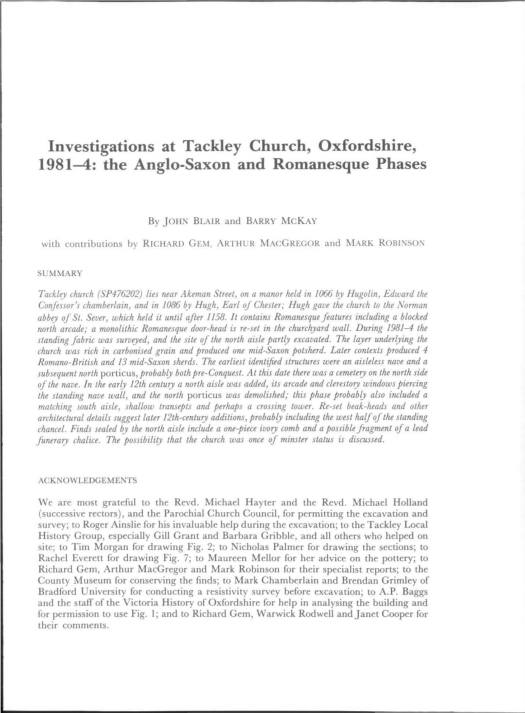 Investigations at Tackley Church, Oxfordshire, 1981-4: the Anglo-Saxon and Romanesque Phases