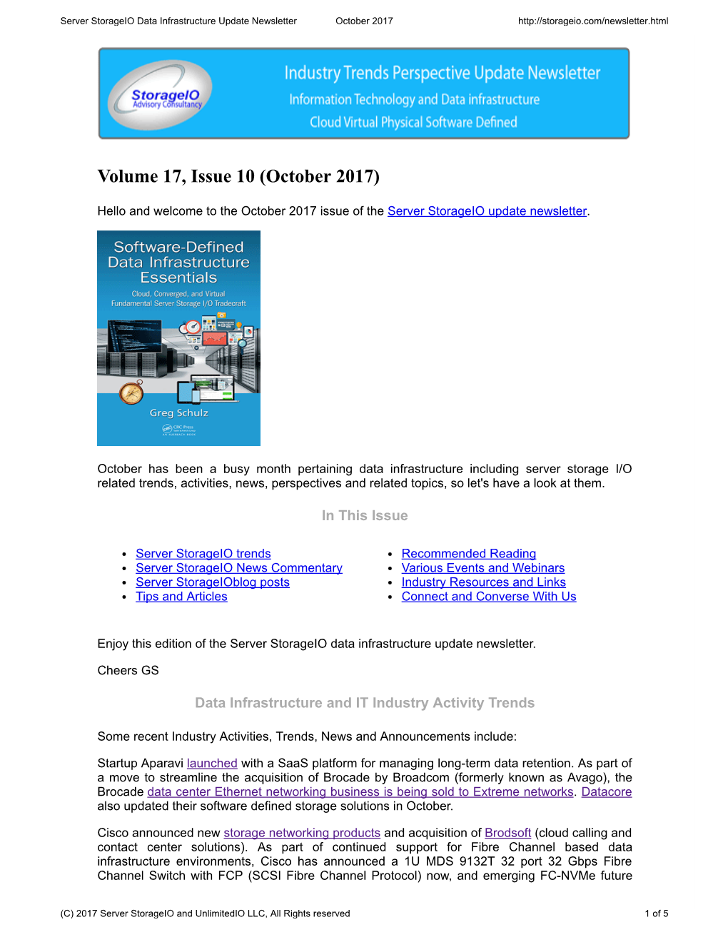 Server Storageio October 2017 Data Infrastructure Update Newsletter