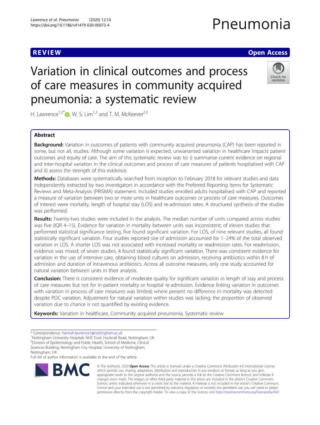 Variation in Clinical Outcomes and Process of Care Measures in Community Acquired Pneumonia: a Systematic Review H