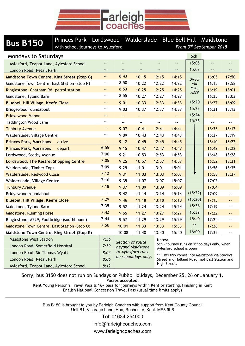 Bus B150 with School Journeys to Aylesford from 3Rd September 2018