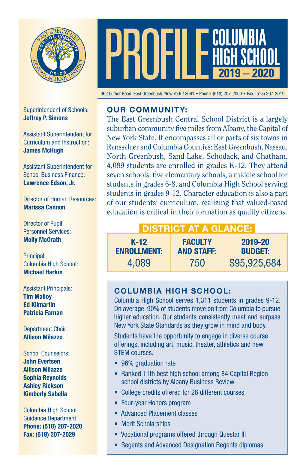 COLUMBIA HIGH SCHOOL PROFILE 2019 – 2020 962 Luther Road, East Greenbush, New York 12061 • Phone: (518) 207-2000 • Fax: (518) 207-2019