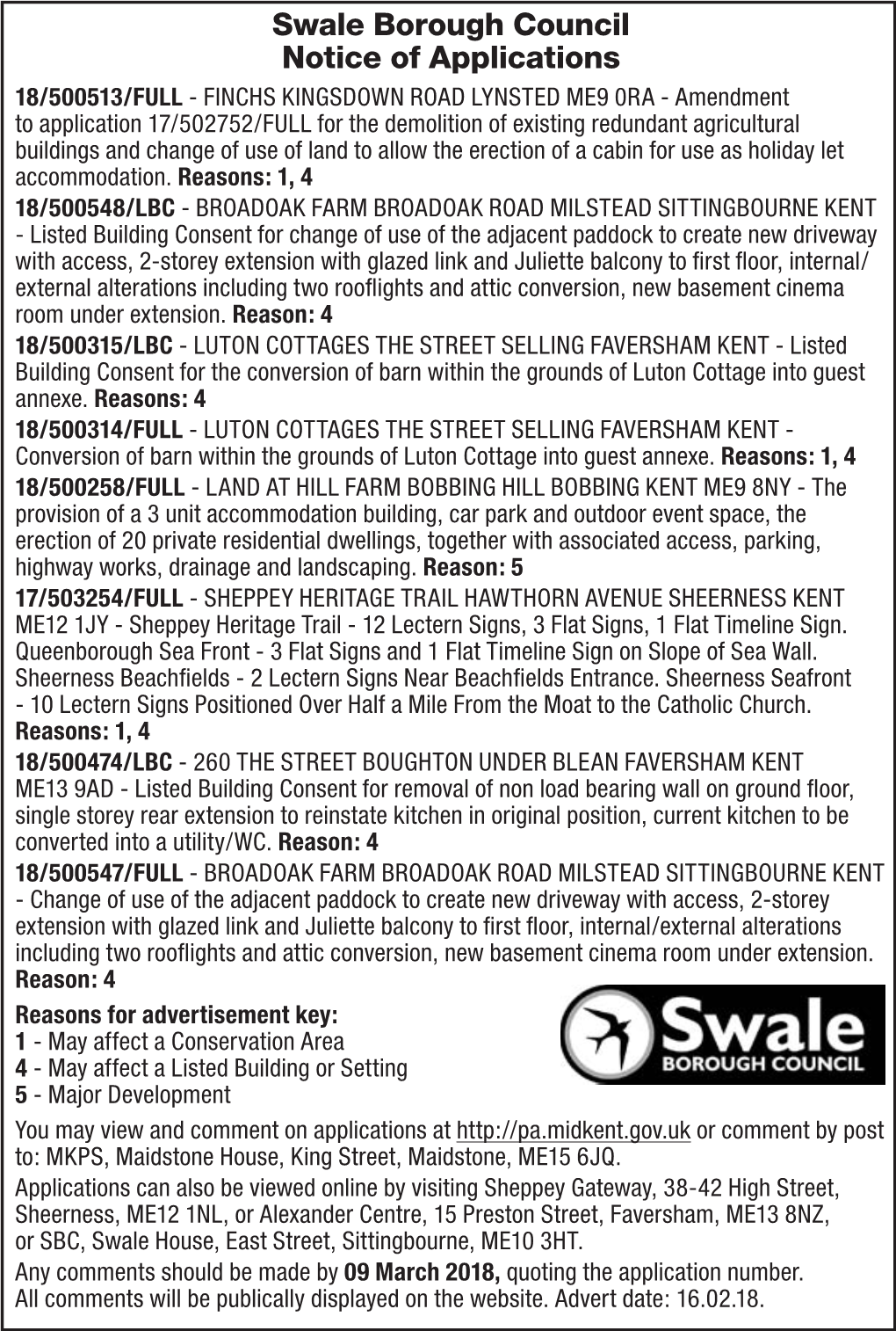 Swale Borough Council Notice of Applications