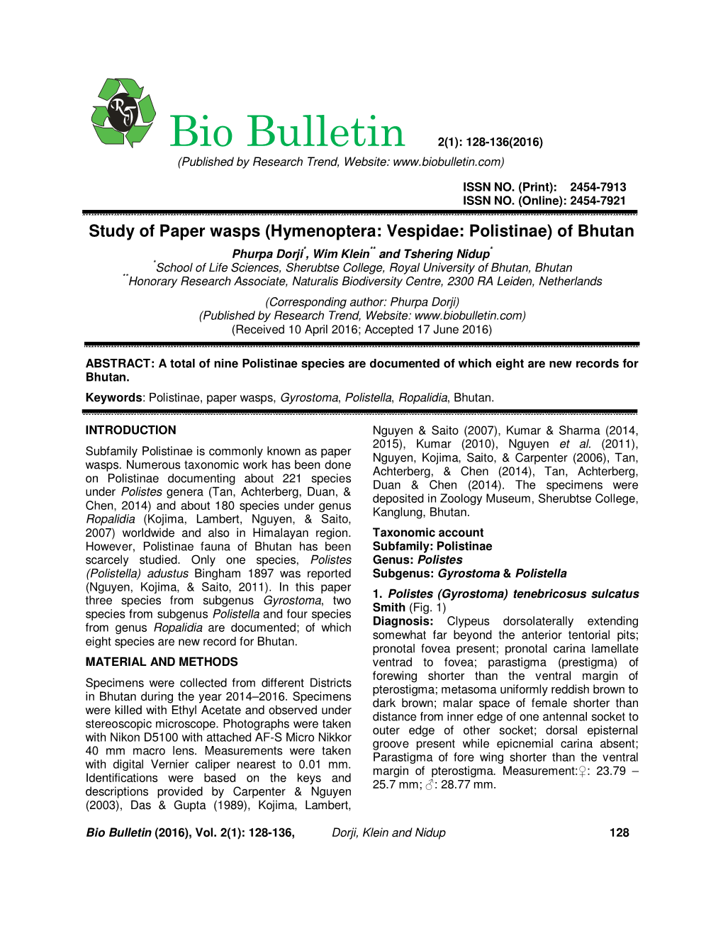 Study of Paper Wasps (Hymenoptera: Vespidae: Polistinae) of Bhutan