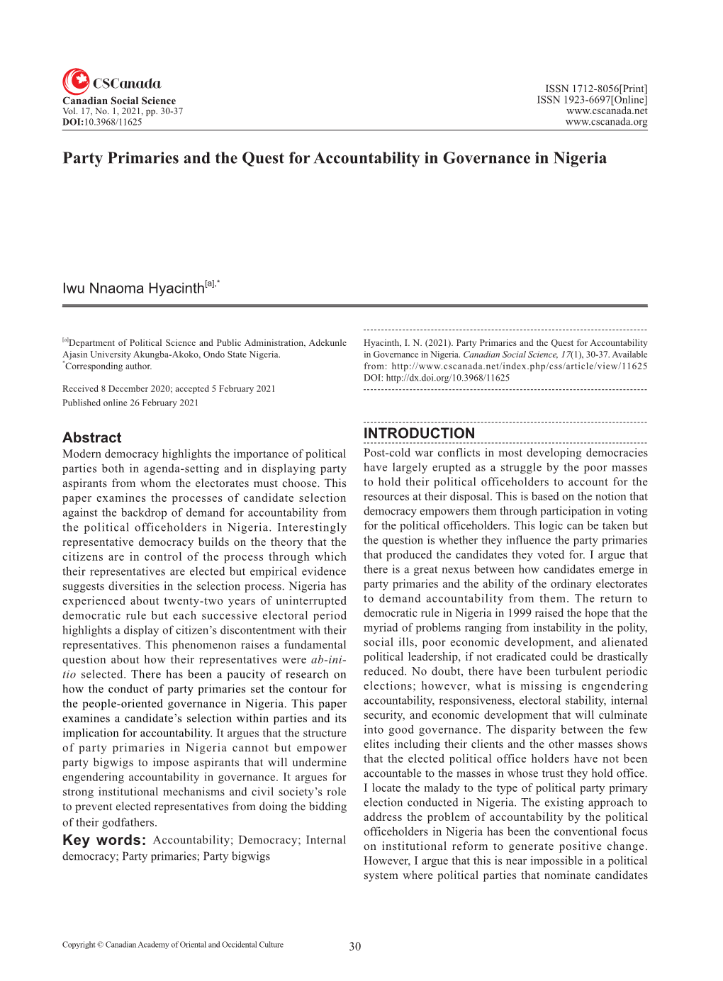 Party Primaries and the Quest for Accountability in Governance in Nigeria