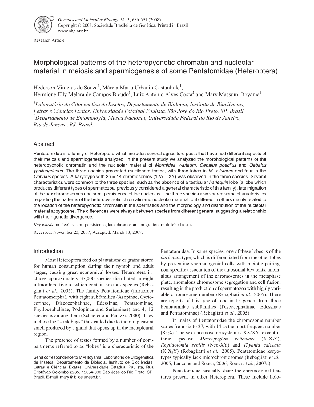 Morphological Patterns of the Heteropycnotic Chromatin and Nucleolar Material in Meiosis and Spermiogenesis of Some Pentatomidae (Heteroptera)