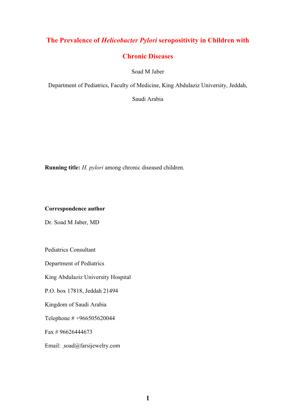 The Prevalence of Helicobacter Pylori Seropositivity in Children with Chronic Diseases