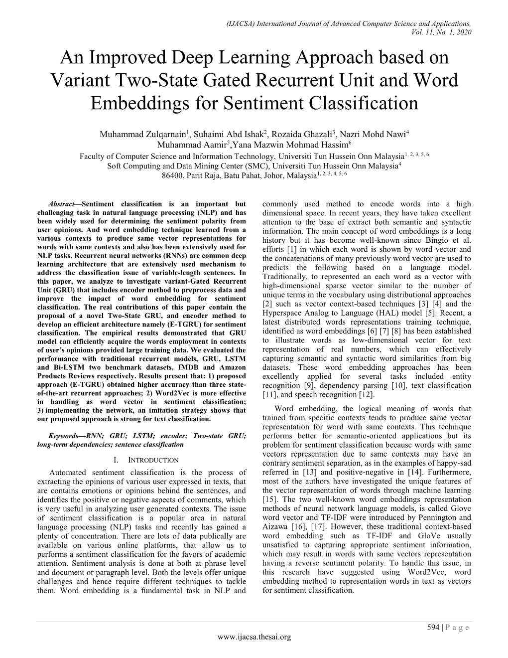 An Improved Deep Learning Approach Based on Variant Two-State Gated Recurrent Unit and Word Embeddings for Sentiment Classification