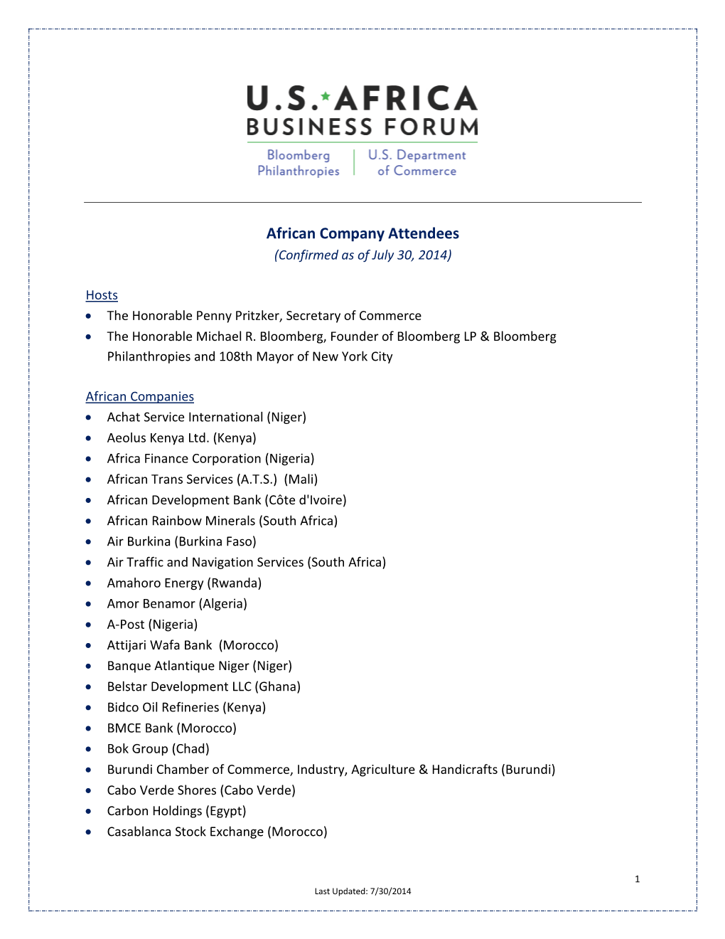 African Company Attendees (Confirmed As of July 30, 2014)