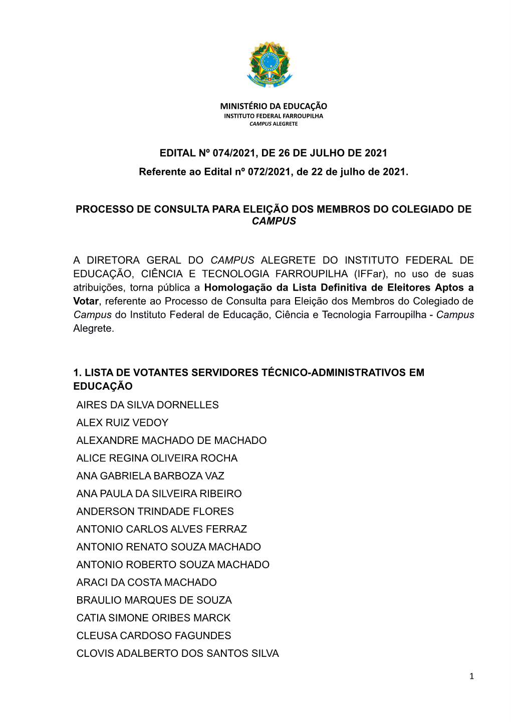 Edital Nº 074/2021. Lista De Eleitores Aptos a Votar