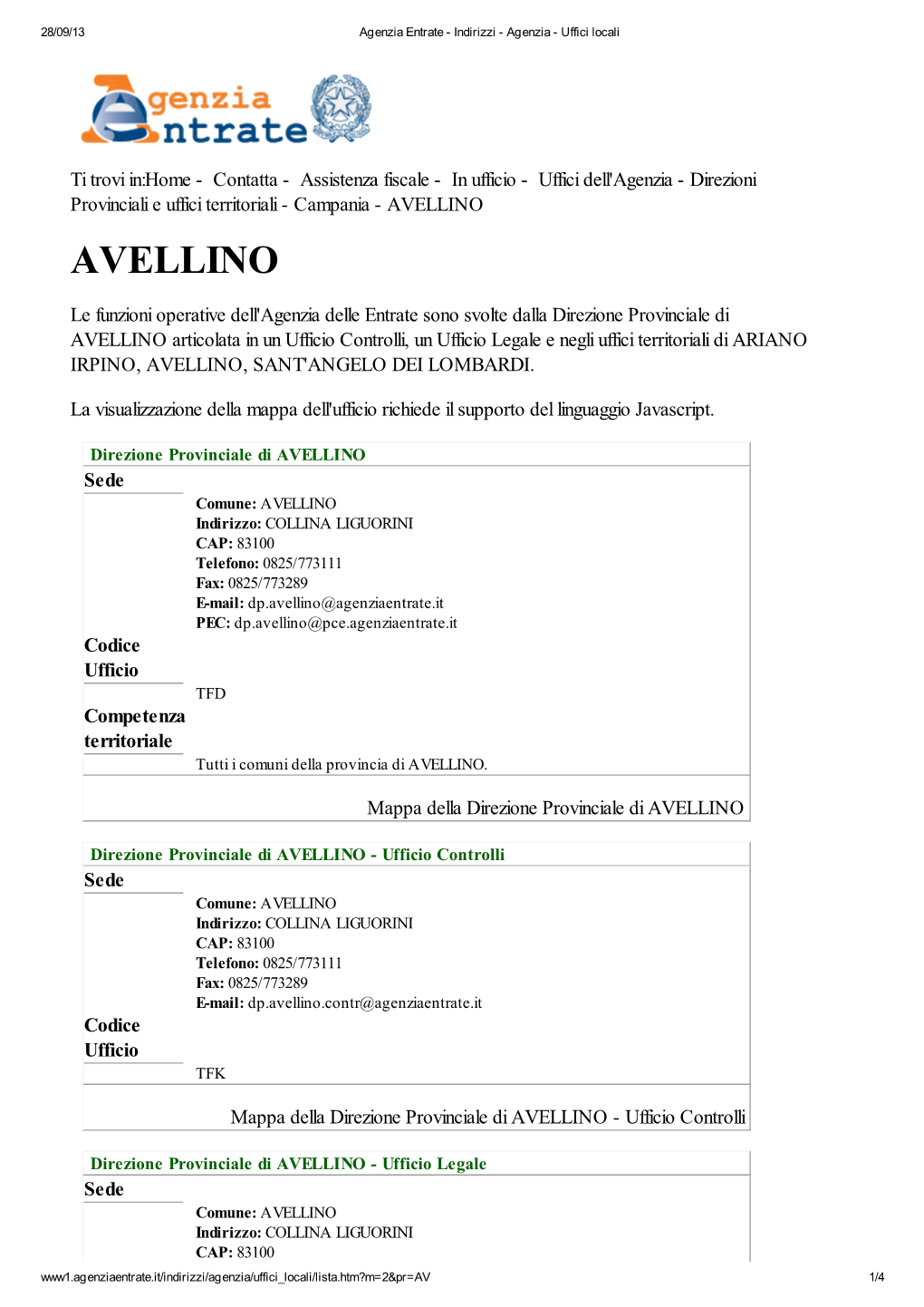 Codici Uffici Agenzia Delle Entrate Della Provincia Di Avellino