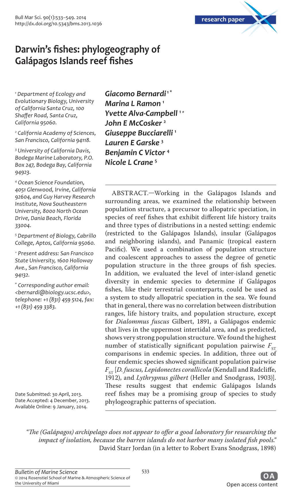 Darwin's Fishes: Phylogeography of Galápagos Islands Reef Fishes