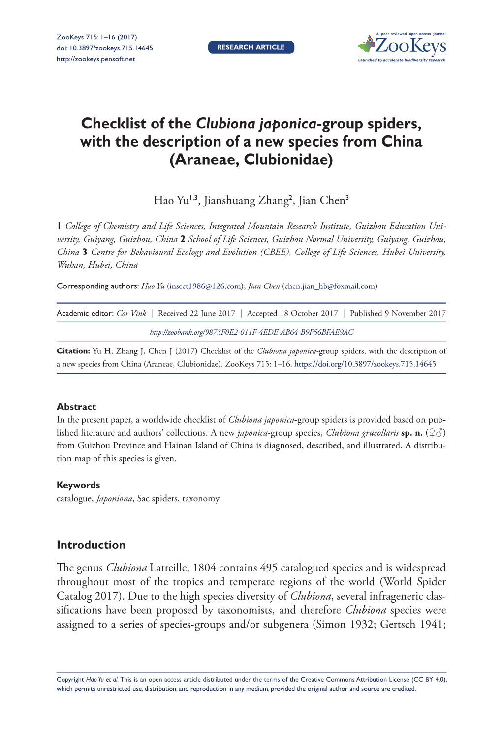 Checklist of the Clubiona Japonica-Group Spiders, with the Description of a New Species from China (Araneae, Clubionidae)