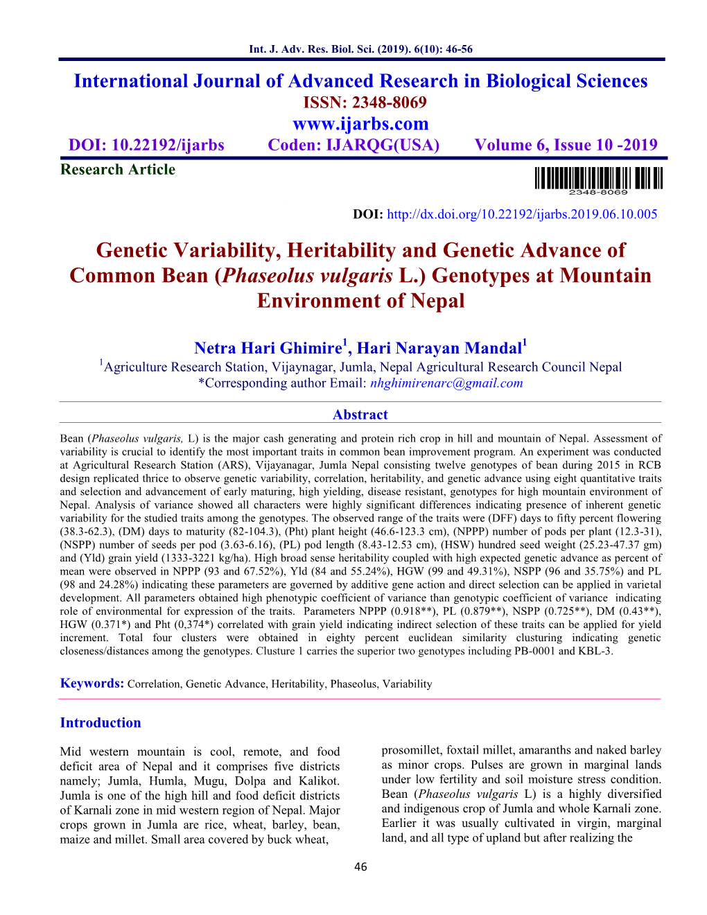 Genetic Variability, Heritability and Genetic Advance of Common Bean (Phaseolus Vulgaris L.) Genotypes at Mountain Environment of Nepal