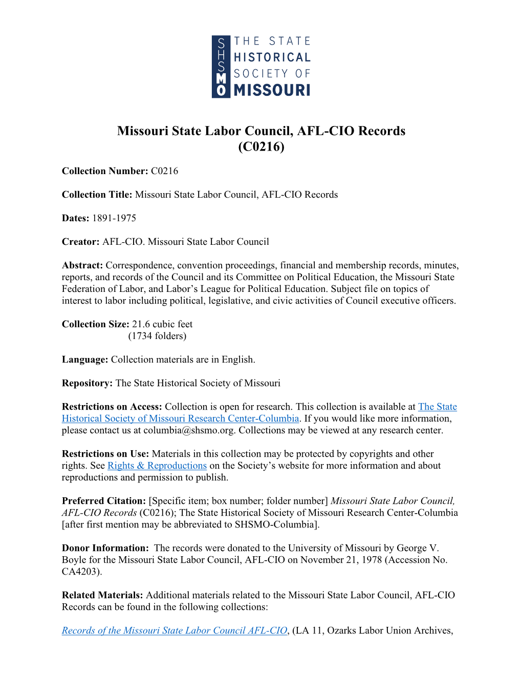 Missouri State Labor Council, AFL-CIO Records (C0216)