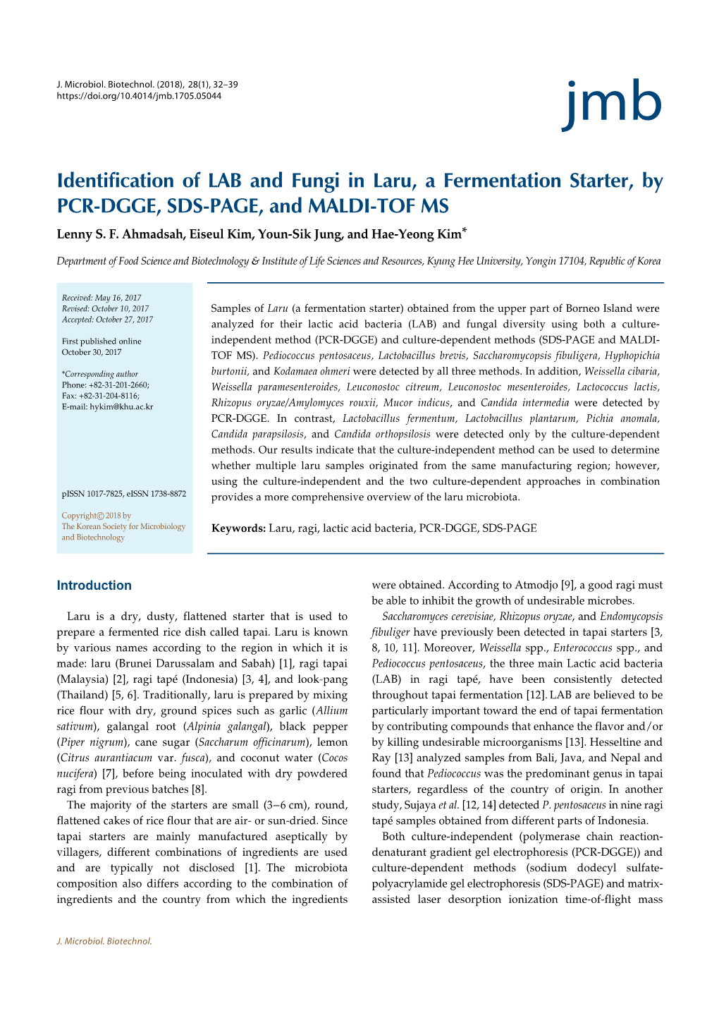 Identification of LAB and Fungi in Laru, a Fermentation Starter, by PCR-DGGE, SDS-PAGE, and MALDI-TOF MS Lenny S