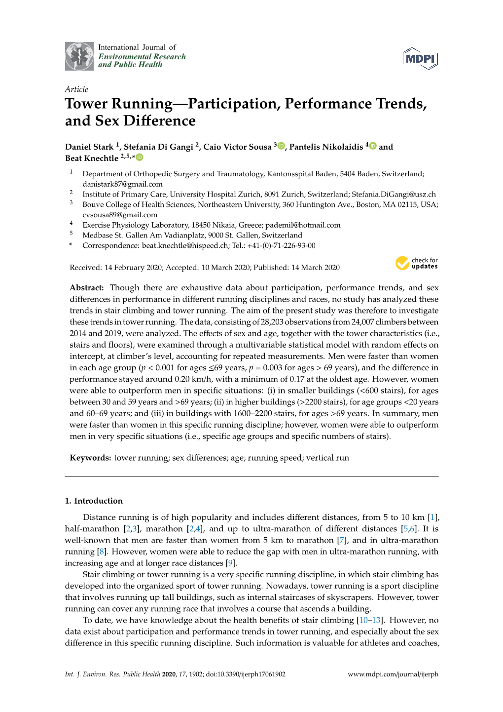 Tower Running—Participation, Performance Trends, and Sex Diﬀerence