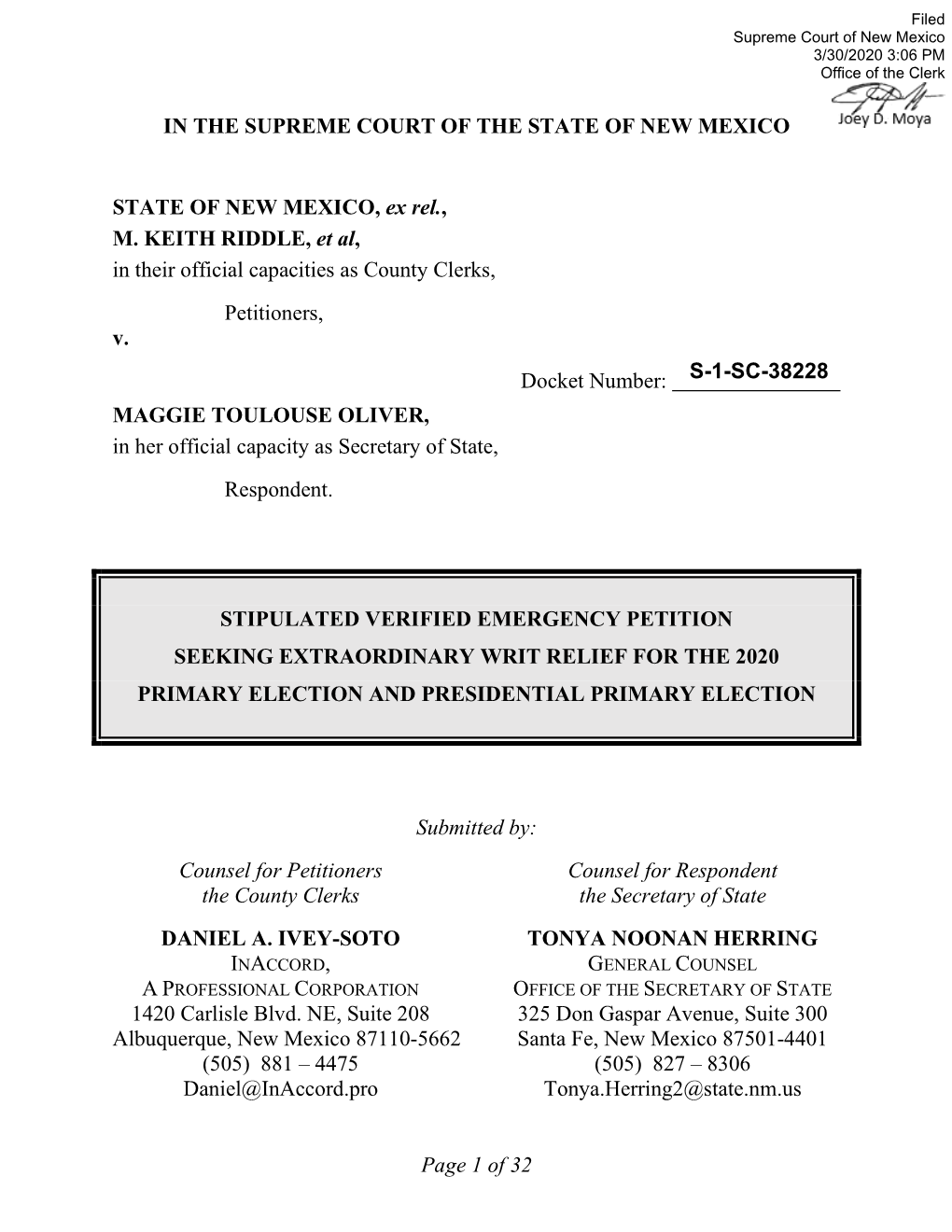 Petition Extraordinary Writ Relief for 2020 Primary Election Filed