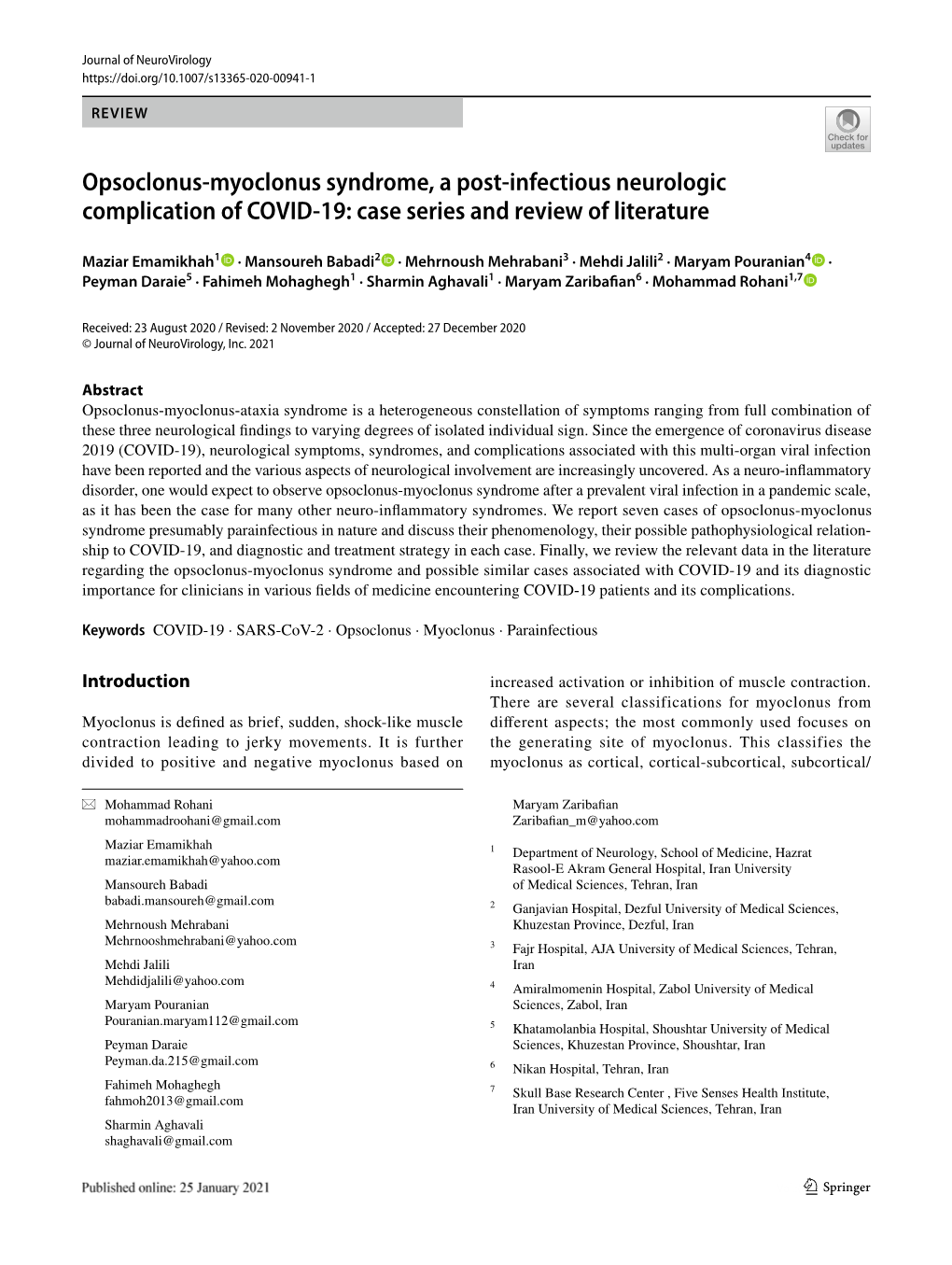 Opsoclonus-Myoclonus Syndrome, a Post-Infectious Neurologic Complication of COVID-19: Case Series and Review of Literature