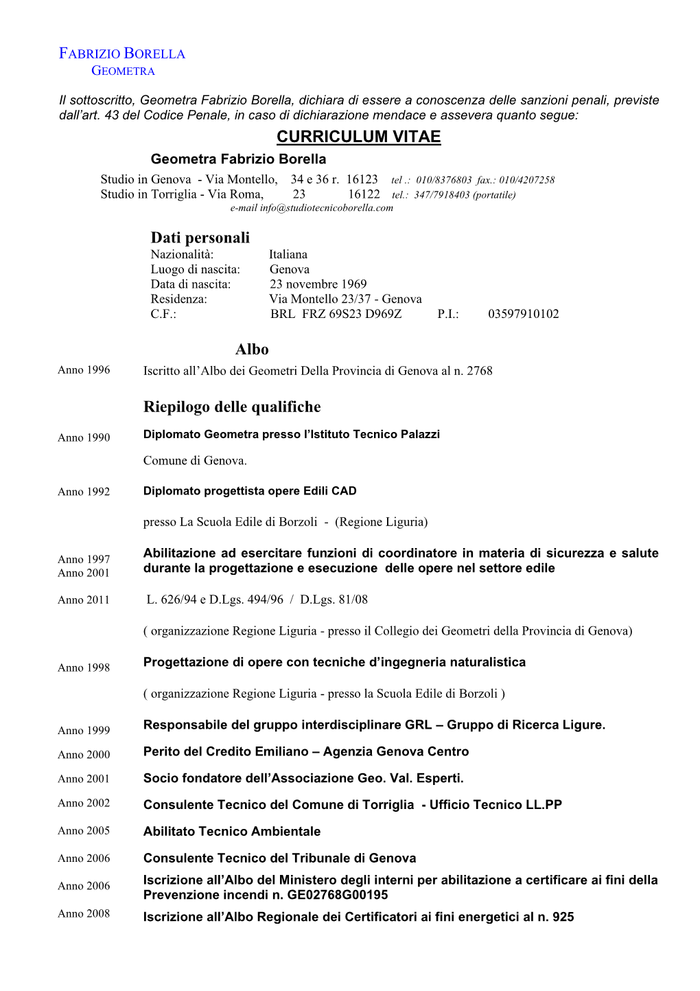 CURRICULUM VITAE Dati Personali Albo Riepilogo Delle Qualifiche