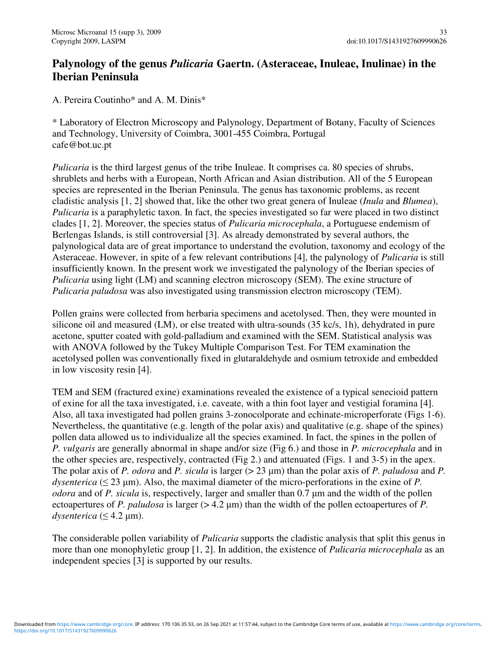 Palynology of the Genus Pulicaria Gaertn. (Asteraceae, Inuleae, Inulinae) in the Iberian Peninsula