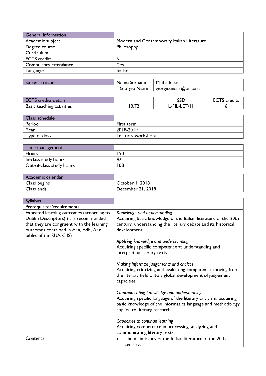 General Information Academic Subject Modern and Contemporary Italian