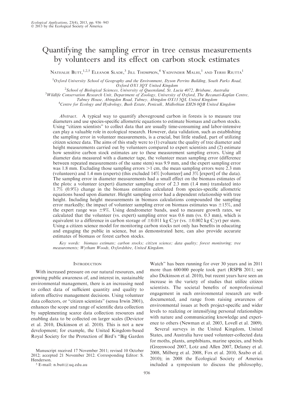 Quantifying the Sampling Error in Tree Census Measurements by Volunteers and Its Effect on Carbon Stock Estimates